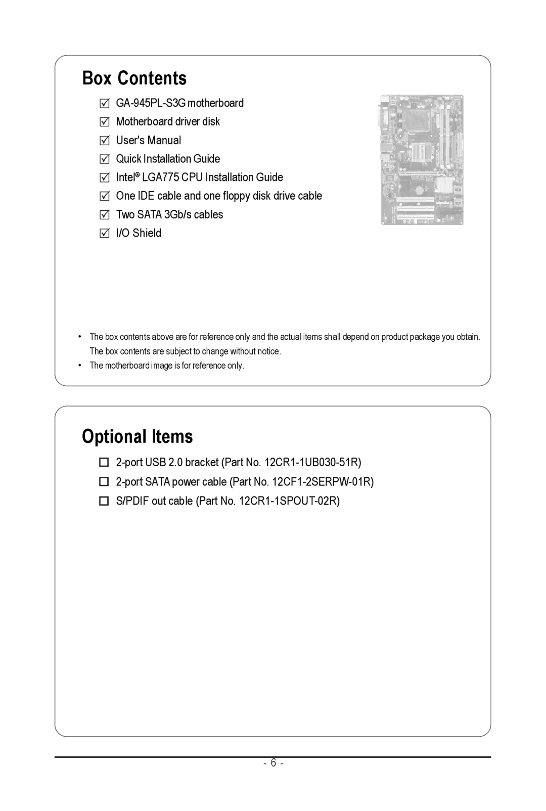 Intel GA-945PL-S3G user manual Box Contents 