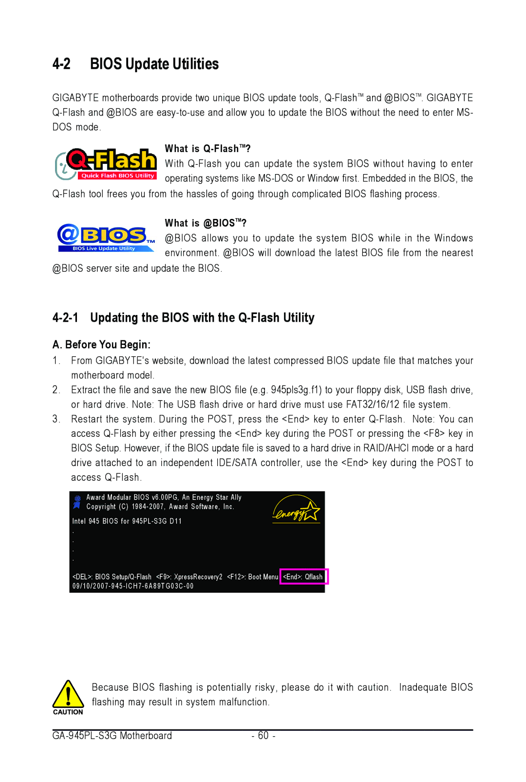 Intel GA-945PL-S3G Bios Update Utilities, Updating the Bios with the Q-Flash Utility, What is Q-FlashTM?, What is @BIOSTM? 