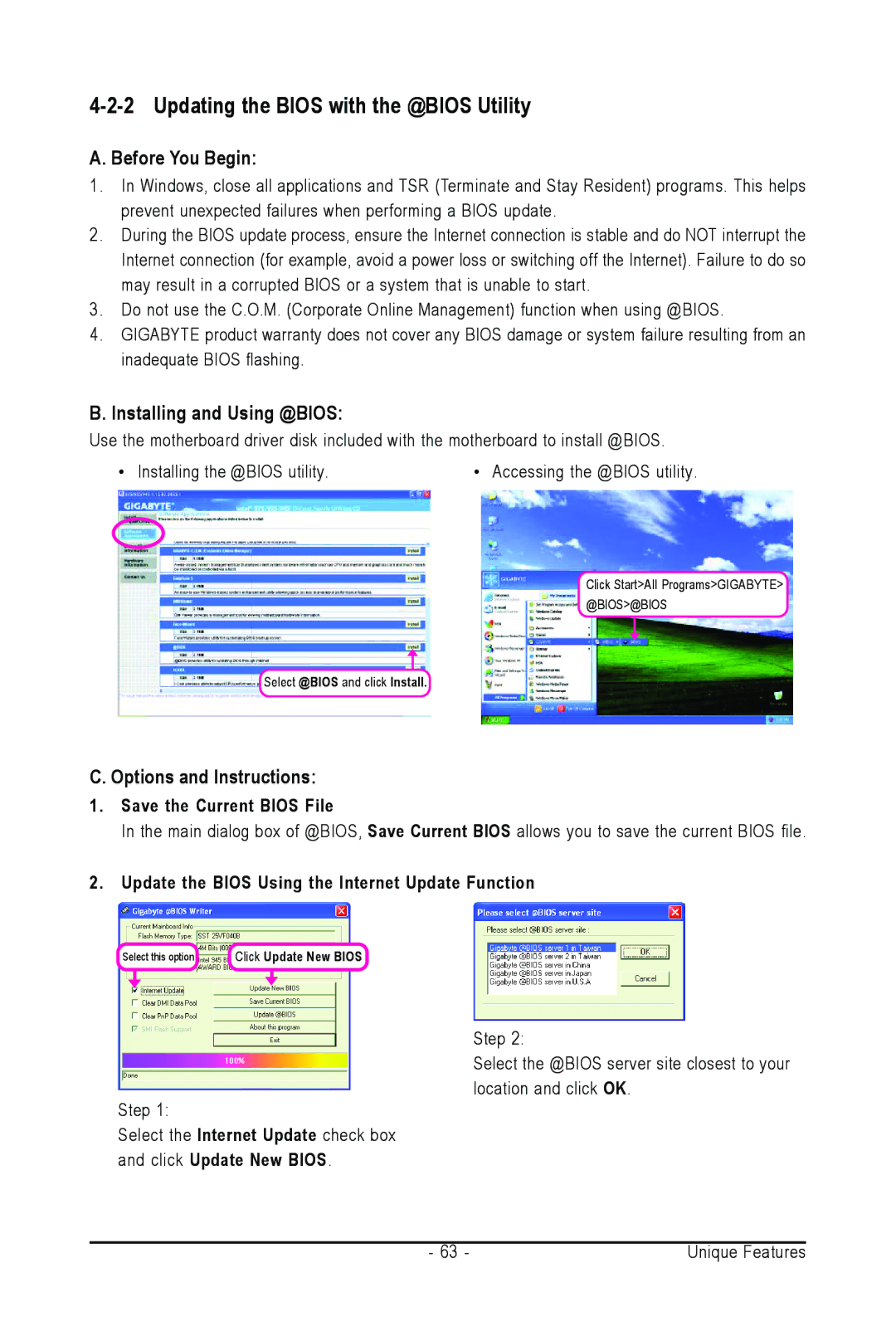 Intel GA-945PL-S3G Updating the Bios with the @BIOS Utility, Installing and Using @BIOS, Options and Instructions 