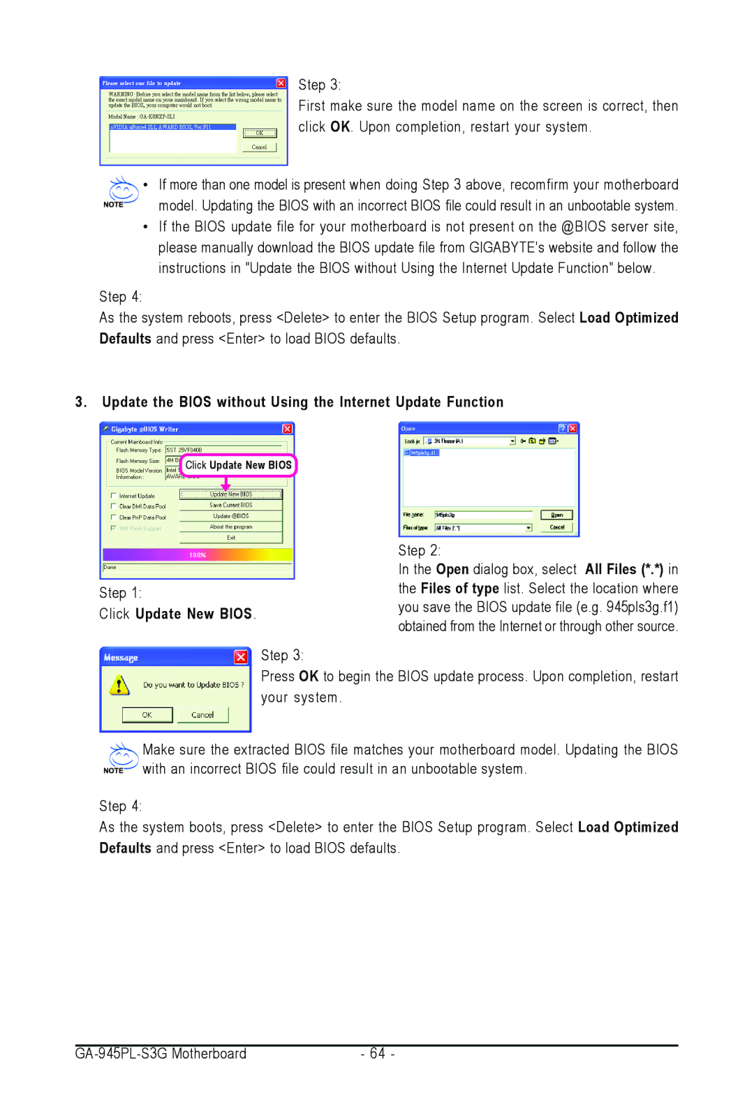 Intel GA-945PL-S3G user manual Update the Bios without Using the Internet Update Function, Click Update New Bios 