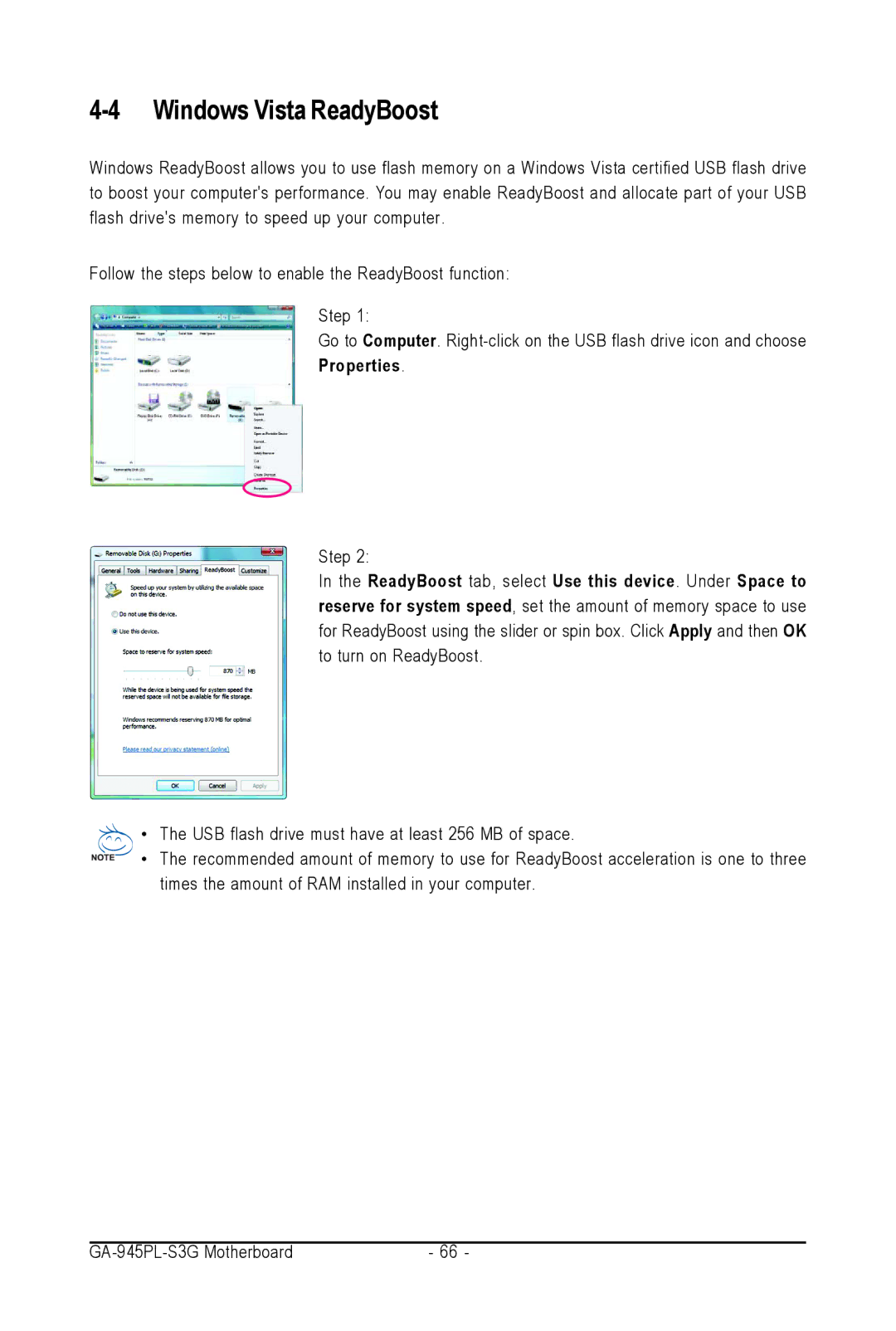 Intel GA-945PL-S3G user manual Windows Vista ReadyBoost, Properties 