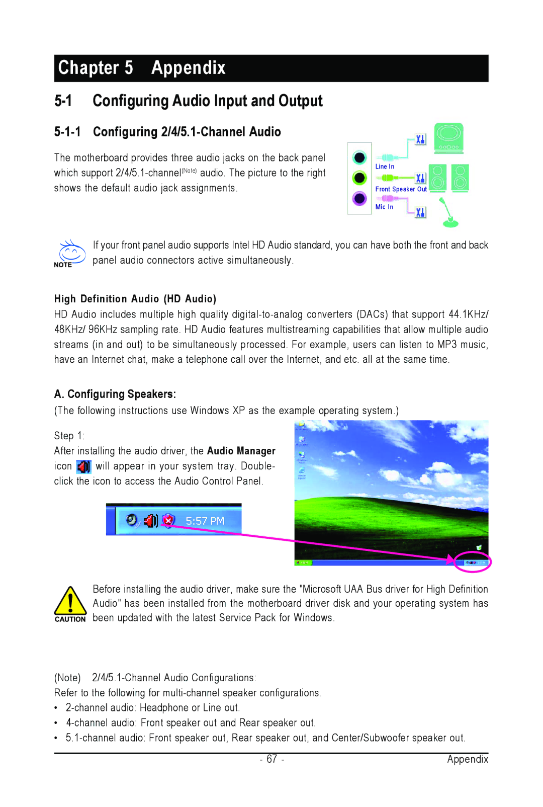 Intel GA-945PL-S3G user manual Configuring Audio Input and Output, Configuring 2/4/5.1-Channel Audio, Configuring Speakers 