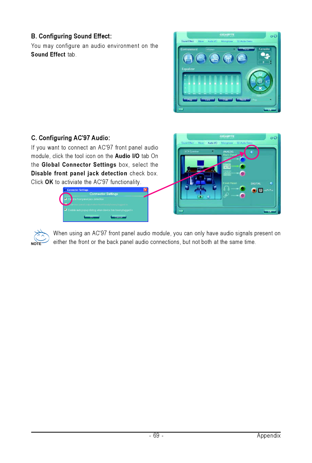 Intel GA-945PL-S3G user manual Configuring Sound Effect, Configuring AC97 Audio, Sound Effect tab 