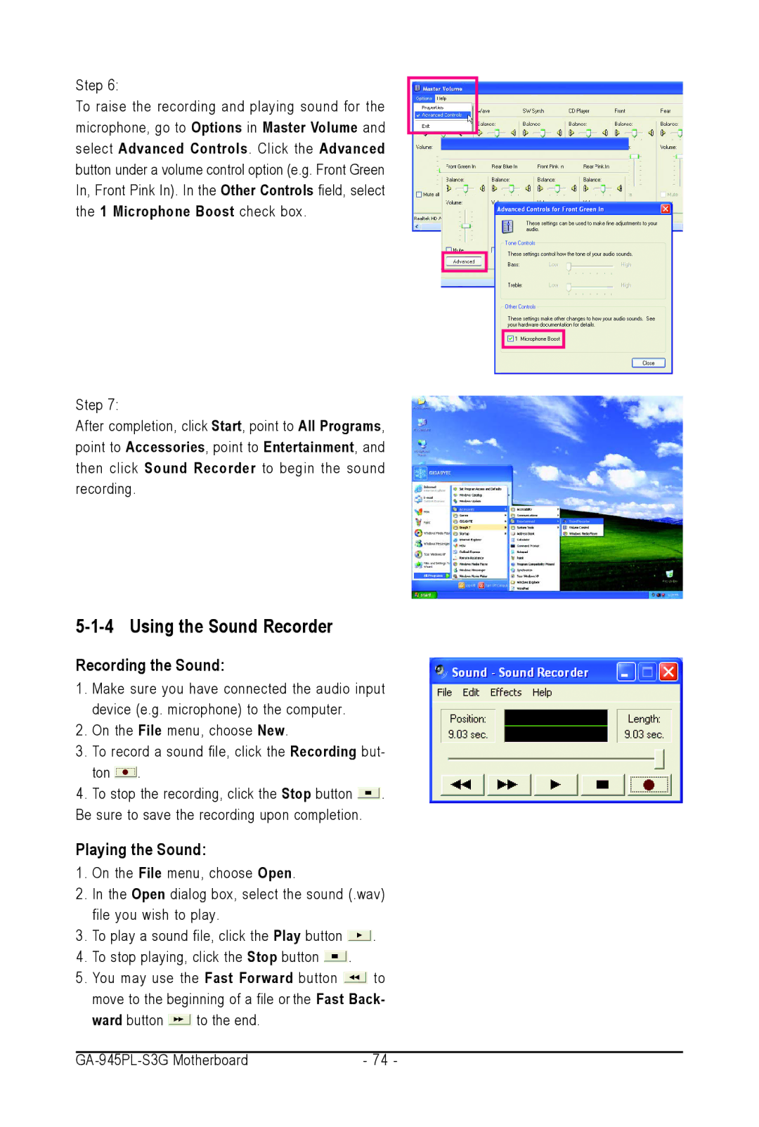 Intel GA-945PL-S3G user manual Using the Sound Recorder, Recording the Sound, Playing the Sound 