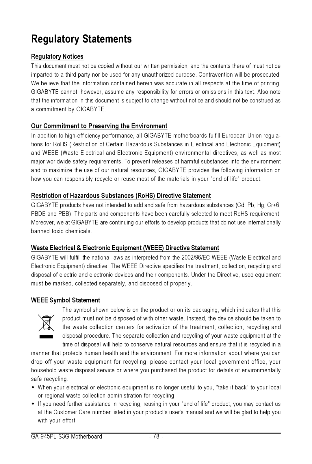 Intel GA-945PL-S3G user manual Regulatory Notices, Our Commitment to Preserving the Environment, Weee Symbol Statement 