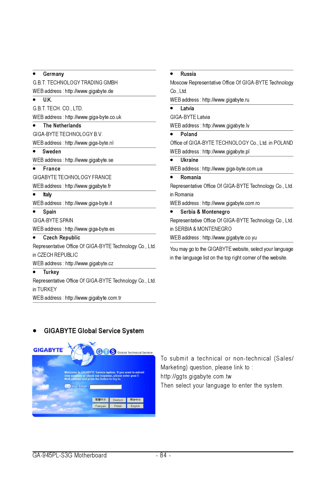 Intel GA-945PL-S3G user manual Gigabyte Global Service System, Poland Ukraine Romania Serbia & Montenegro 