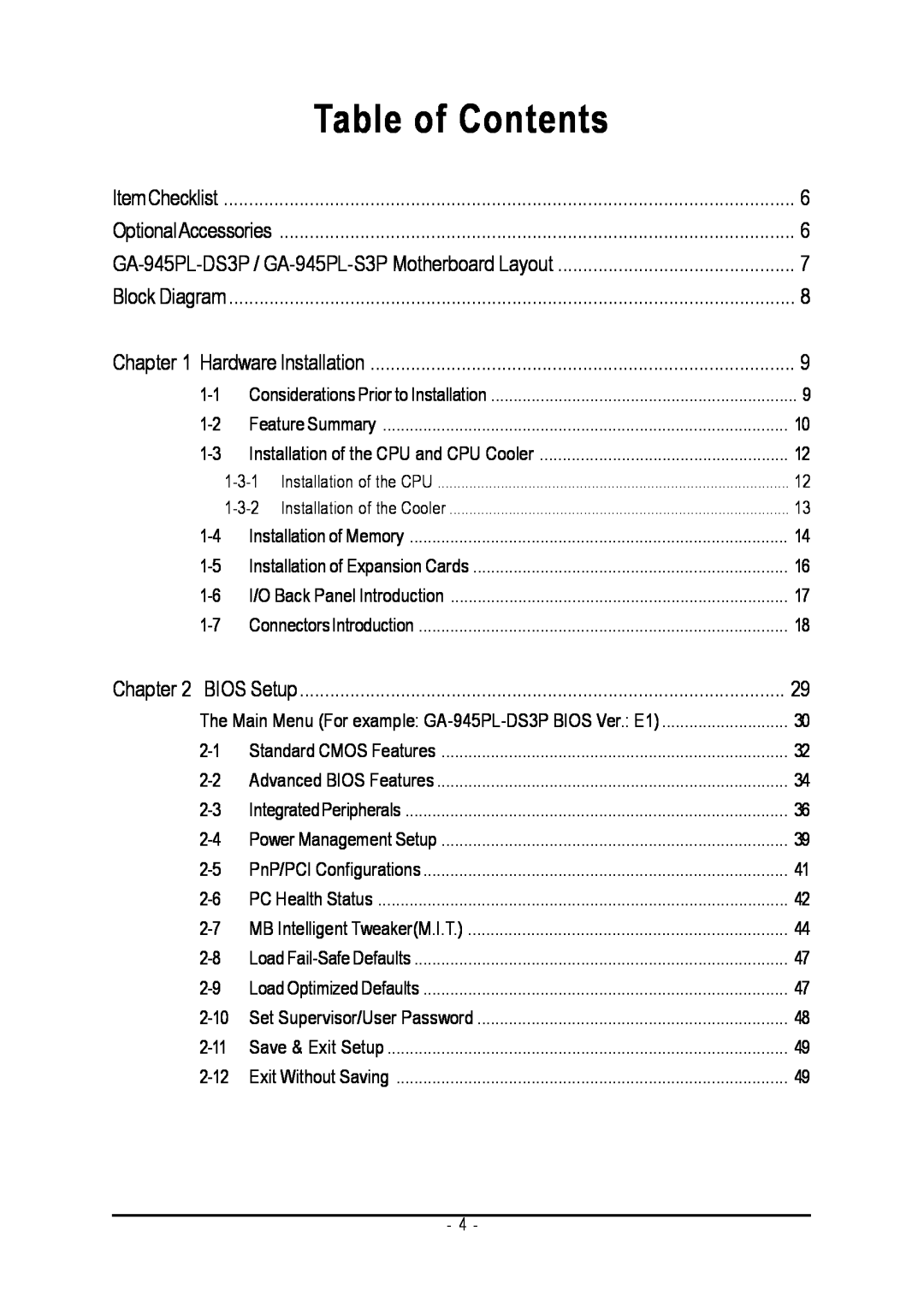 Intel GA-945PL-S3P, GA-945PL-DS3P user manual Table of Contents 