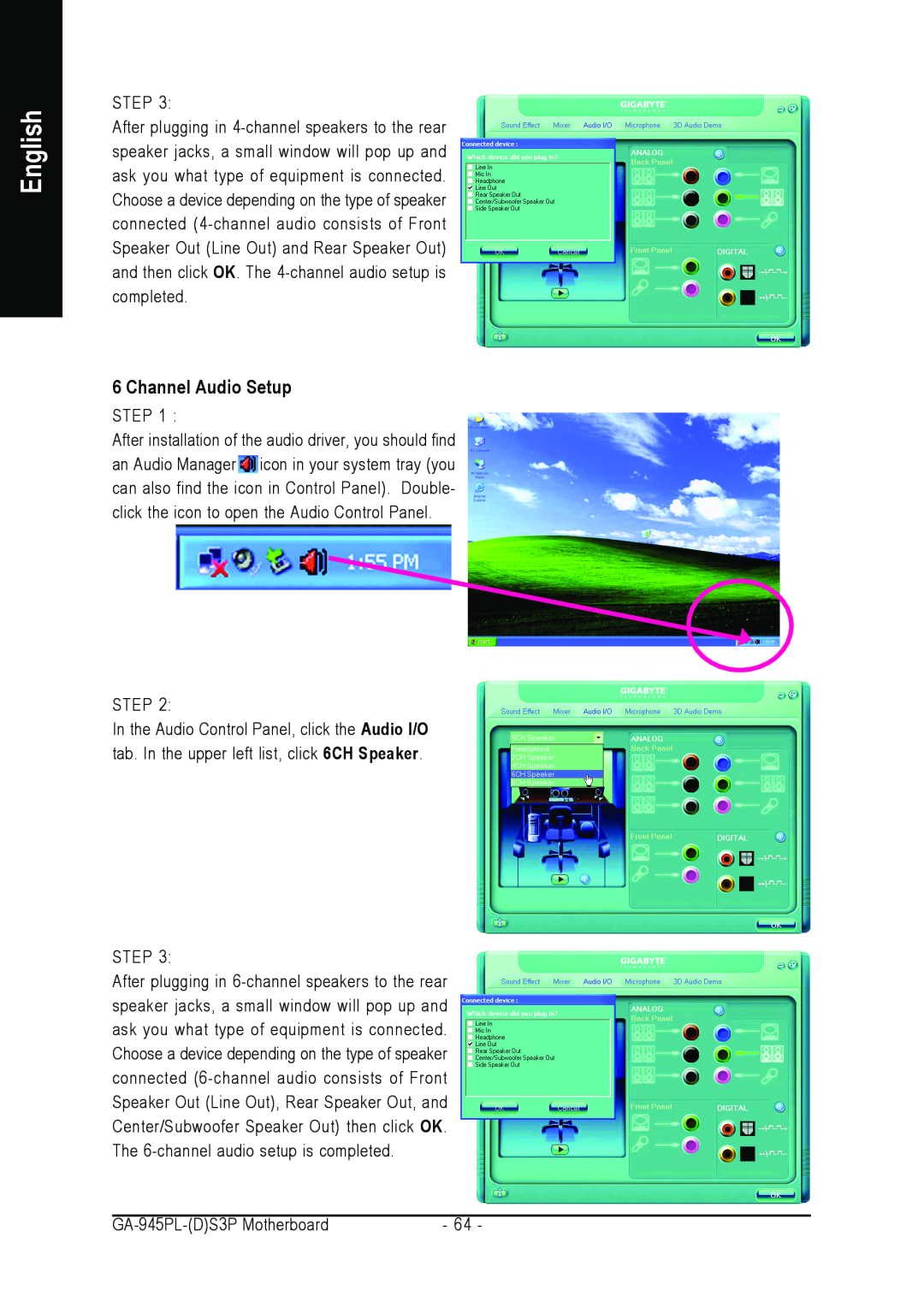 Intel GA-945PL-S3P, GA-945PL-DS3P user manual Channel Audio Setup, English 