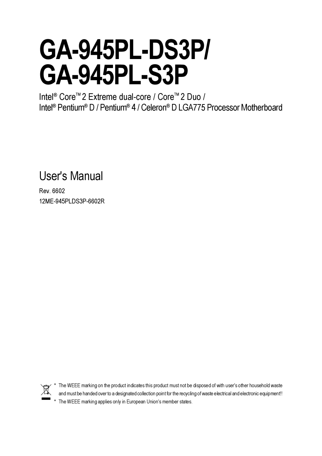 Intel user manual GA-945PL-DS3P GA-945PL-S3P 