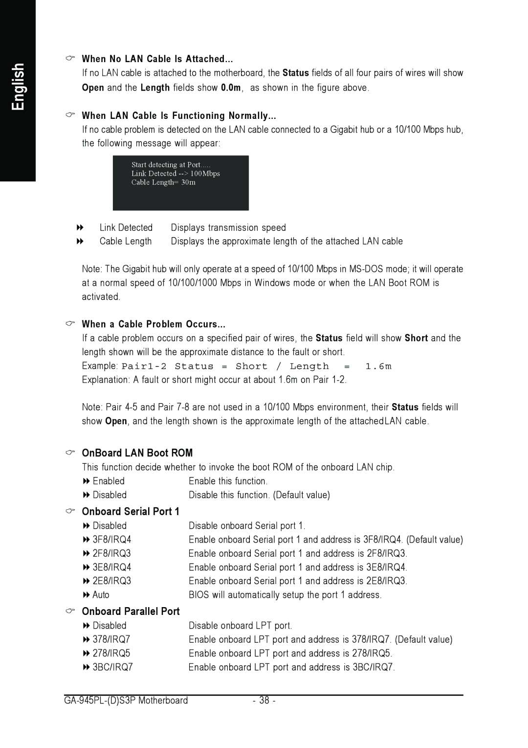 Intel GA-945PL-S3P, GA-945PL-DS3P user manual OnBoard LAN Boot ROM, Onboard Serial Port, Onboard Parallel Port 