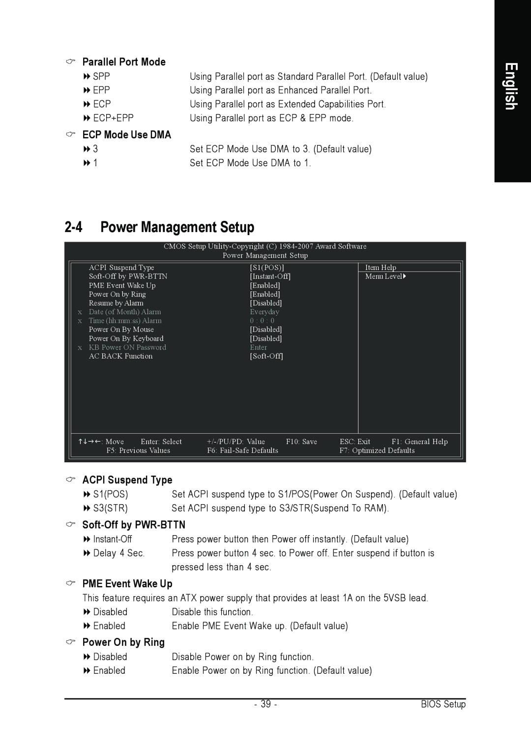 Intel GA-945PL-DS3P Power Management Setup, Parallel Port Mode, ECP Mode Use DMA, PME Event Wake Up, Power On by Ring 