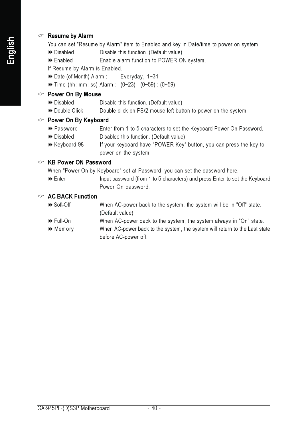 Intel GA-945PL-S3P Resume by Alarm, Power On By Mouse, Power On By Keyboard, KB Power on Password, AC Back Function 