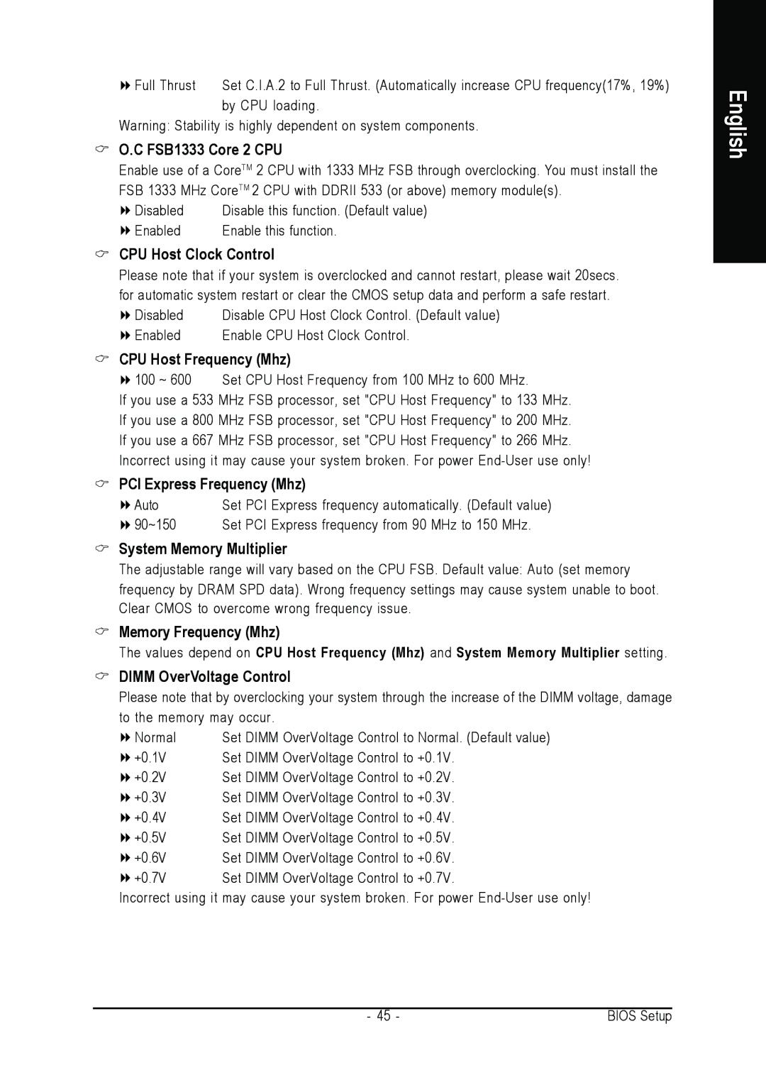 Intel GA-945PL-DS3P FSB1333 Core 2 CPU, CPU Host Clock Control, CPU Host Frequency Mhz, PCI Express Frequency Mhz 