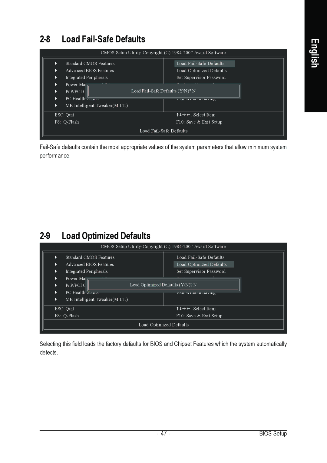 Intel GA-945PL-DS3P, GA-945PL-S3P user manual Load Fail-Safe Defaults, Load Optimized Defaults 