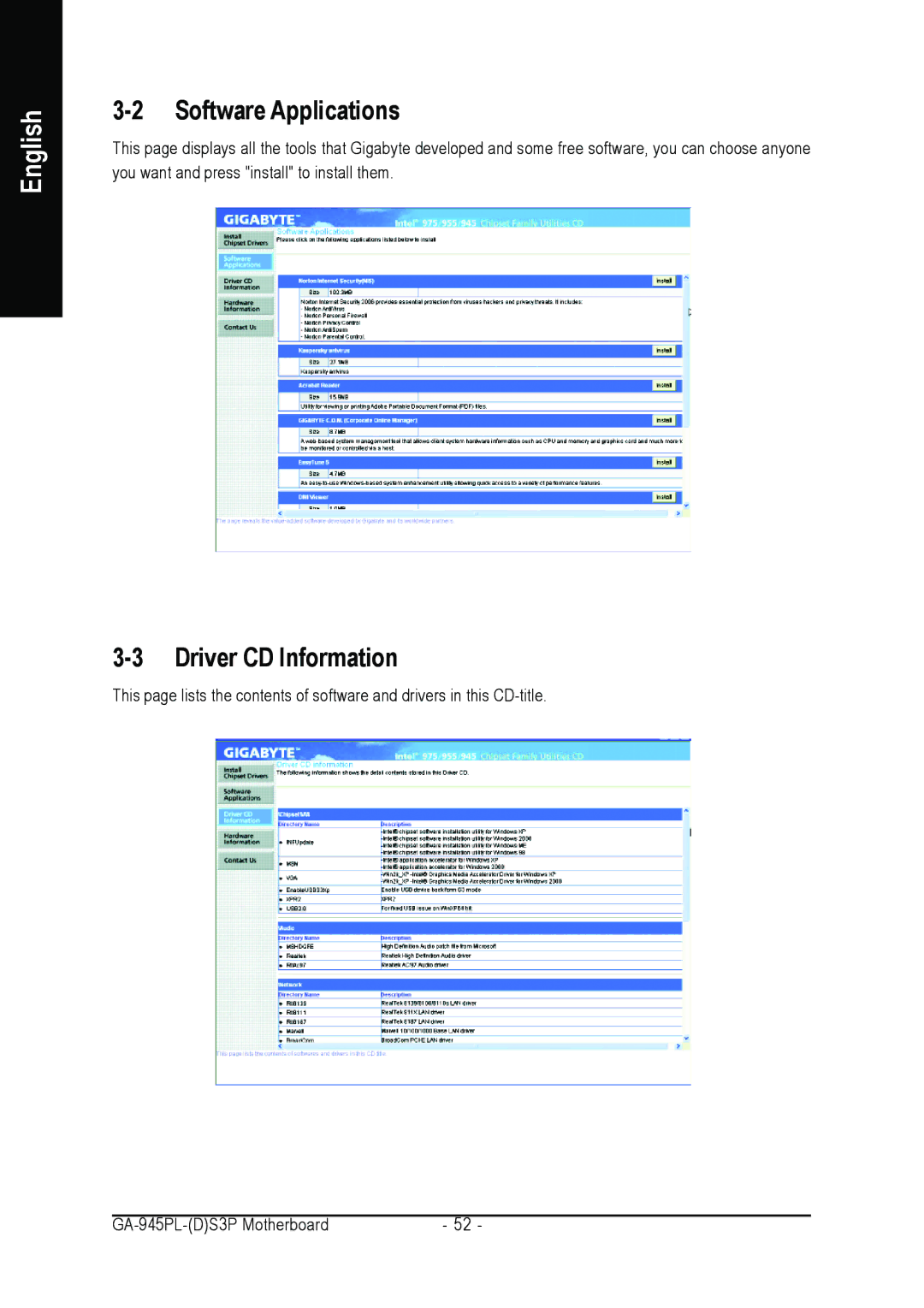 Intel GA-945PL-S3P, GA-945PL-DS3P user manual Software Applications, Driver CD Information 