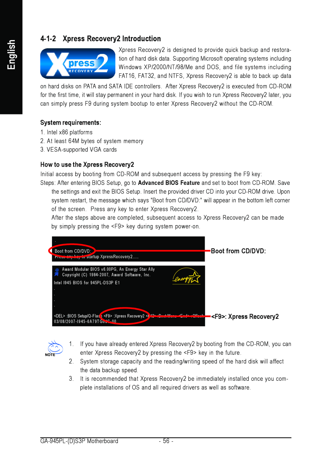 Intel GA-945PL-S3P, GA-945PL-DS3P Xpress Recovery2 Introduction, System requirements, How to use the Xpress Recovery2 