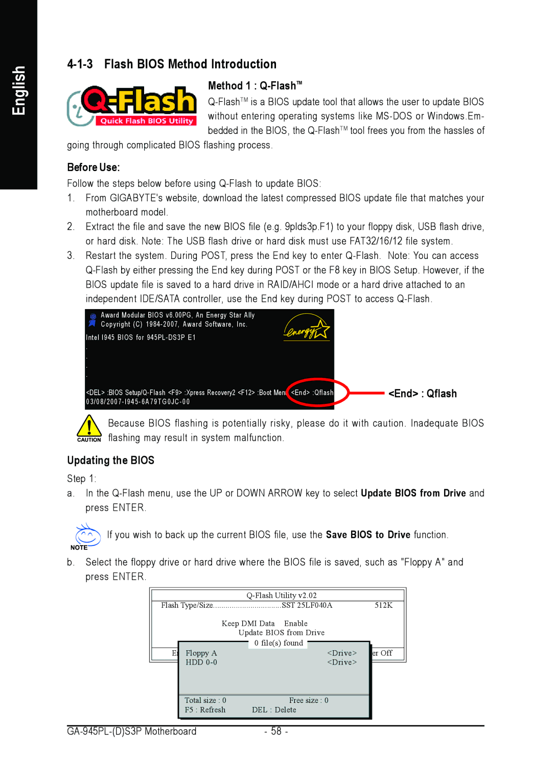 Intel GA-945PL-S3P, GA-945PL-DS3P Flash Bios Method Introduction, Method 1 Q-FlashTM, Before Use, Updating the Bios 