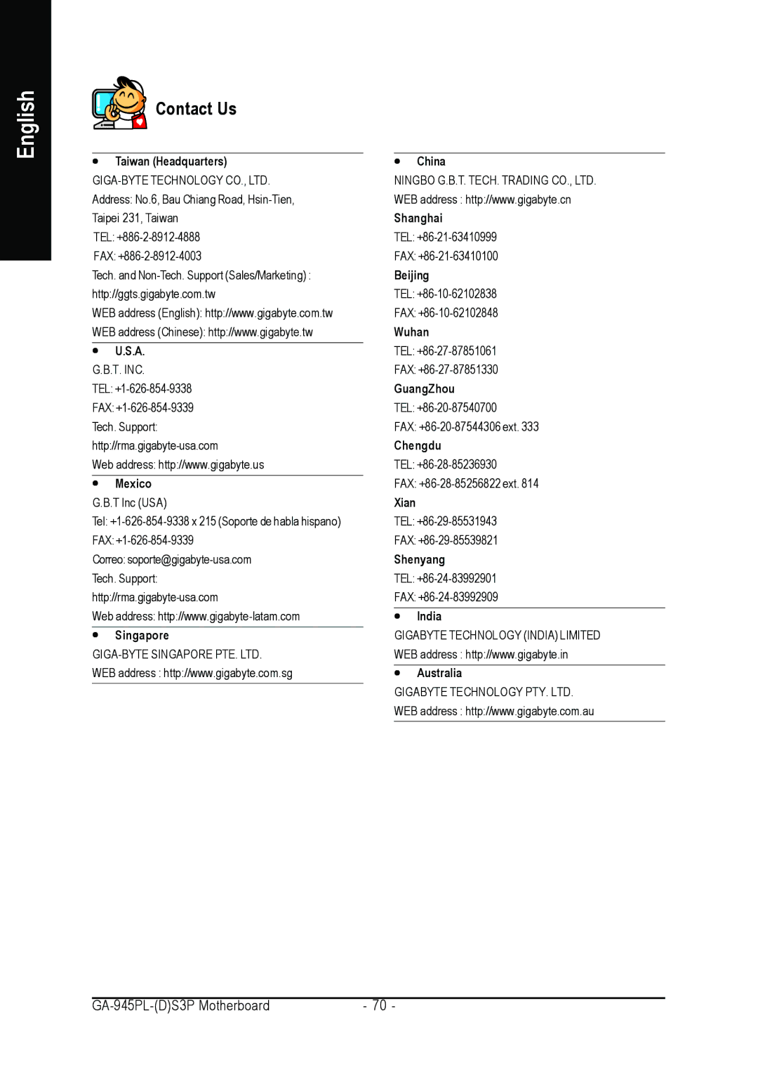 Intel GA-945PL-S3P, GA-945PL-DS3P user manual Contact Us, Taiwan Headquarters 