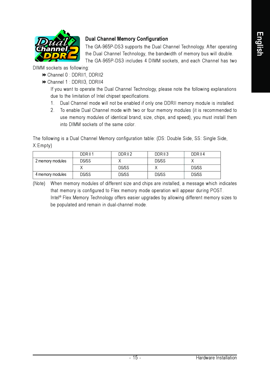 Intel GA-965P-DS3 user manual Dual Channel Memory Configuration 