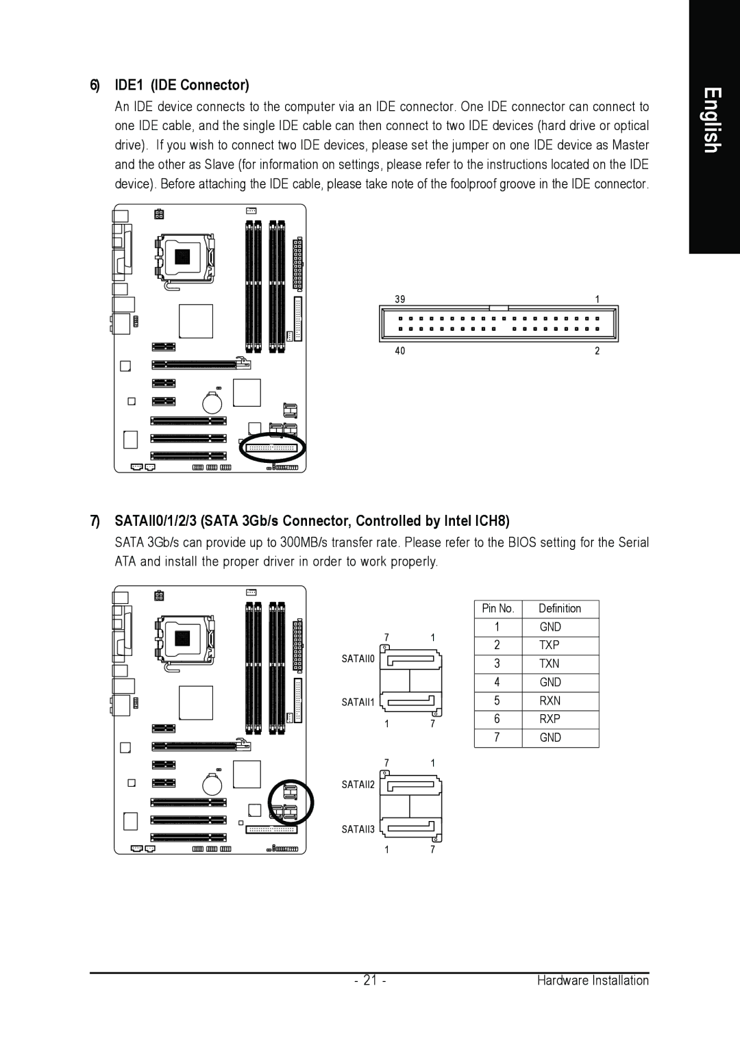 Intel GA-965P-DS3 user manual IDE1 IDE Connector, SATAII0/1/2/3 Sata 3Gb/s Connector, Controlled by Intel ICH8 