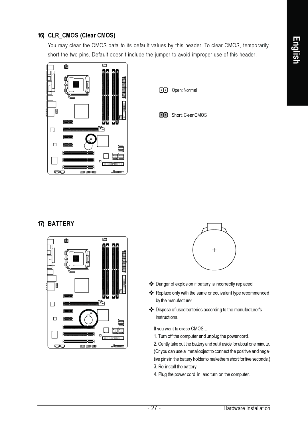 Intel GA-965P-DS3 user manual Clrcmos Clear Cmos 