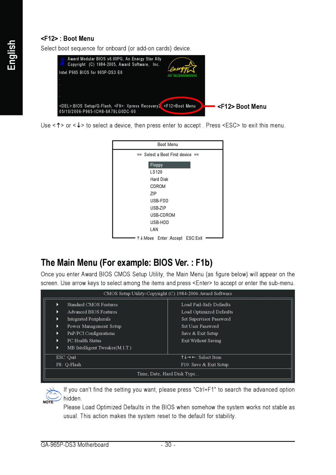 Intel GA-965P-DS3 user manual Main Menu For example Bios Ver. F1b, F12 Boot Menu 