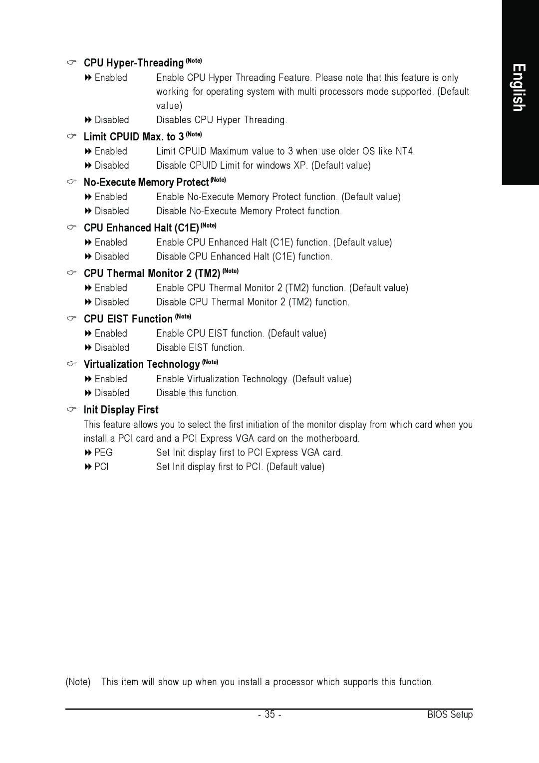 Intel GA-965P-DS3 CPU Hyper-Threading Note, Limit Cpuid Max. to 3 Note, No-Execute Memory ProtectNote, Init Display First 