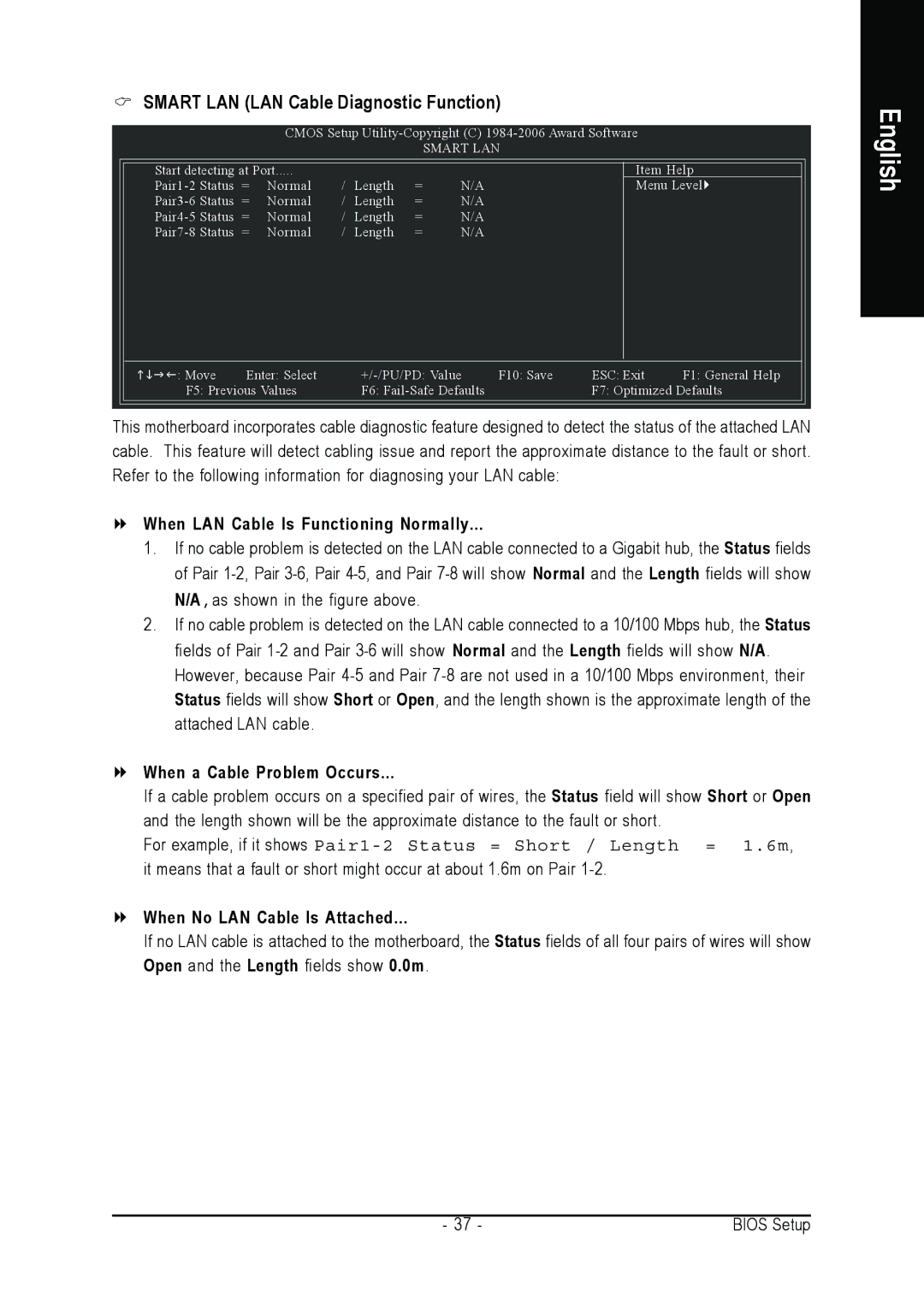 Intel GA-965P-DS3 user manual Smart LAN LAN Cable Diagnostic Function, When LAN Cable Is Functioning Normally 