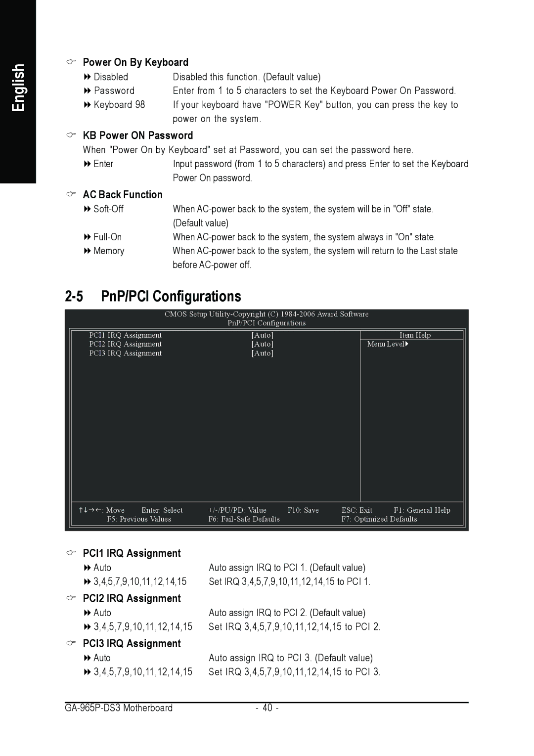 Intel GA-965P-DS3 user manual PnP/PCI Configurations, Power On By Keyboard, KB Power on Password, AC Back Function 