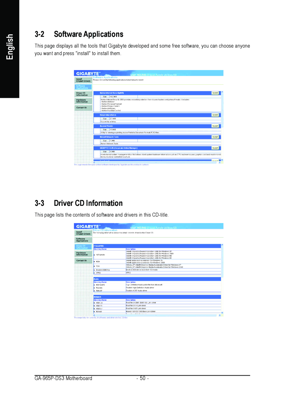 Intel GA-965P-DS3 user manual Software Applications, Driver CD Information 