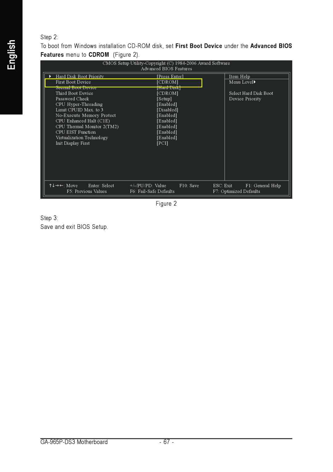 Intel user manual Step Save and exit Bios Setup GA-965P-DS3 Motherboard 