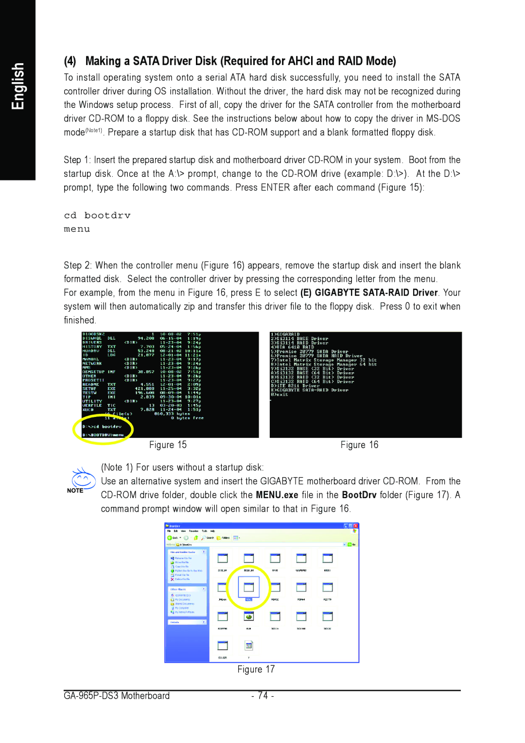 Intel GA-965P-DS3 user manual Making a Sata Driver Disk Required for Ahci and RAID Mode, Cd bootdrv Menu 