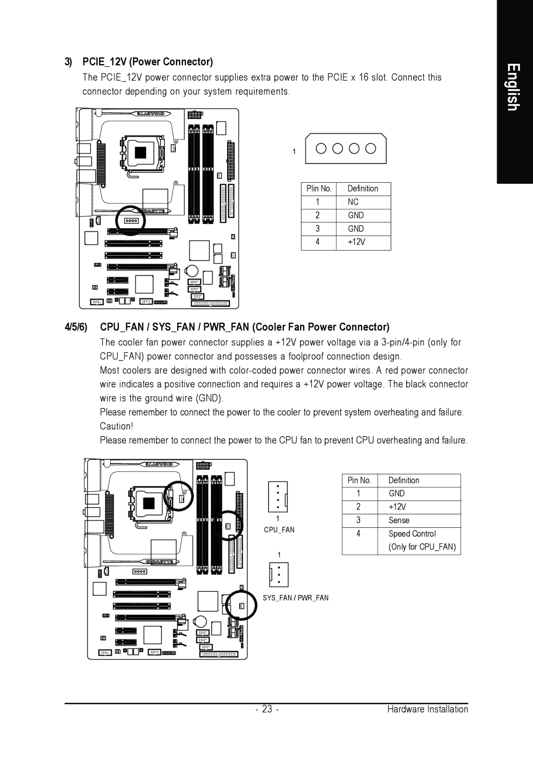 Intel GA-G1975X user manual PCIE12V Power Connector, Cpufan / Sysfan / Pwrfan Cooler Fan Power Connector 