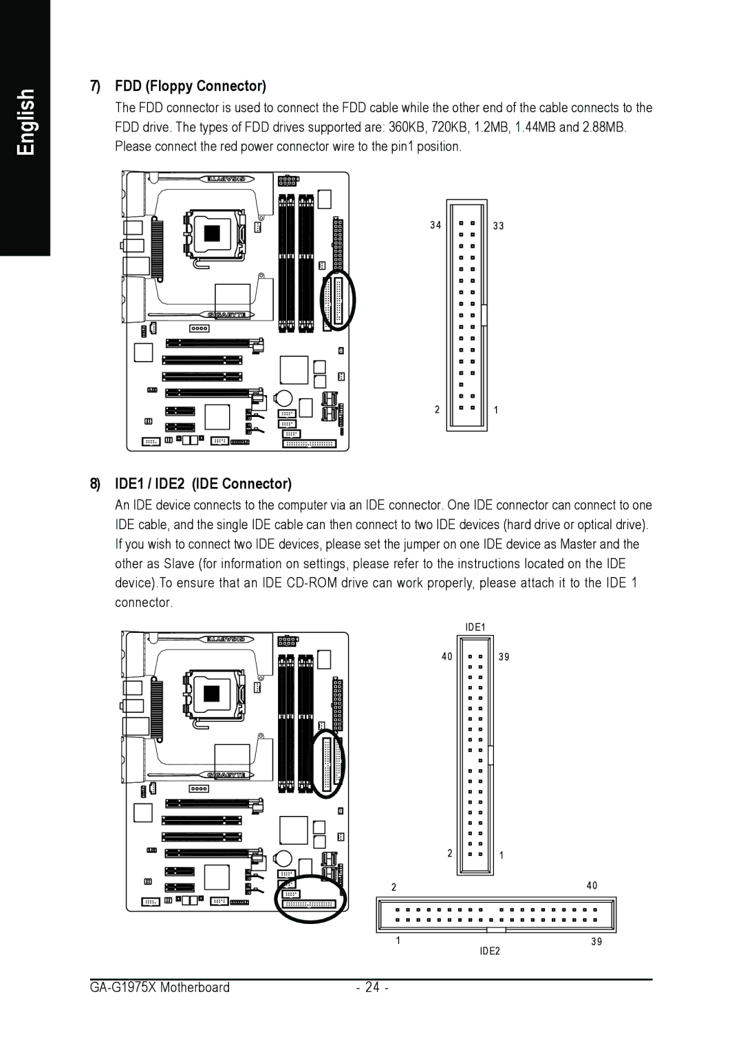 Intel GA-G1975X user manual FDD Floppy Connector, IDE1 / IDE2 IDE Connector 