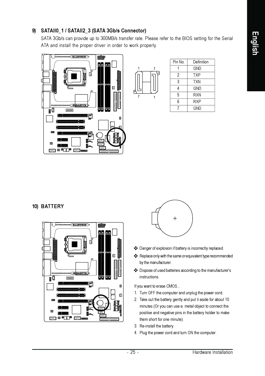 Intel GA-G1975X user manual SATAII01 / SATAII23 Sata 3Gb/s Connector, Battery 