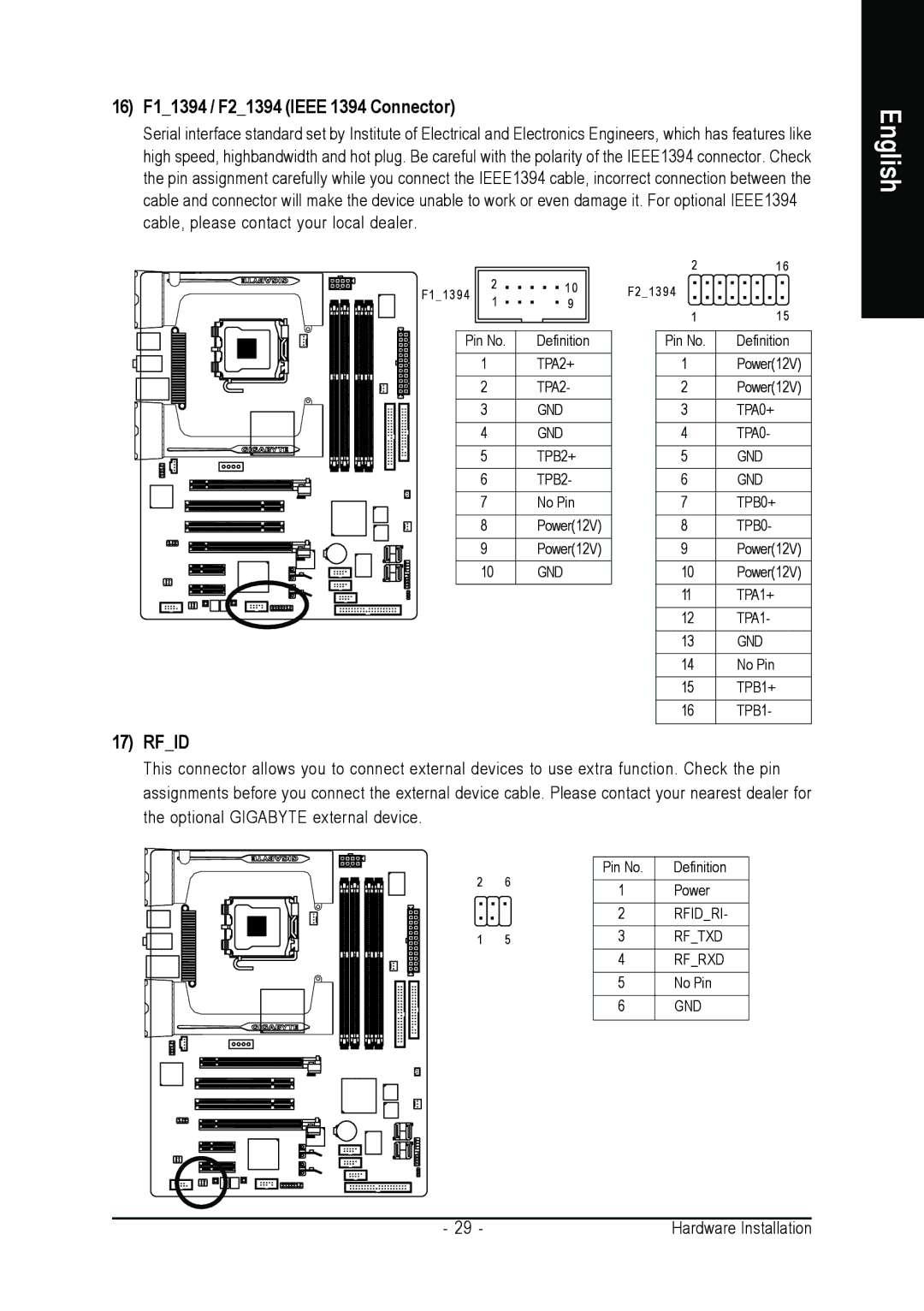 Intel GA-G1975X user manual 16 F11394 / F21394 Ieee 1394 Connector, Rfid 