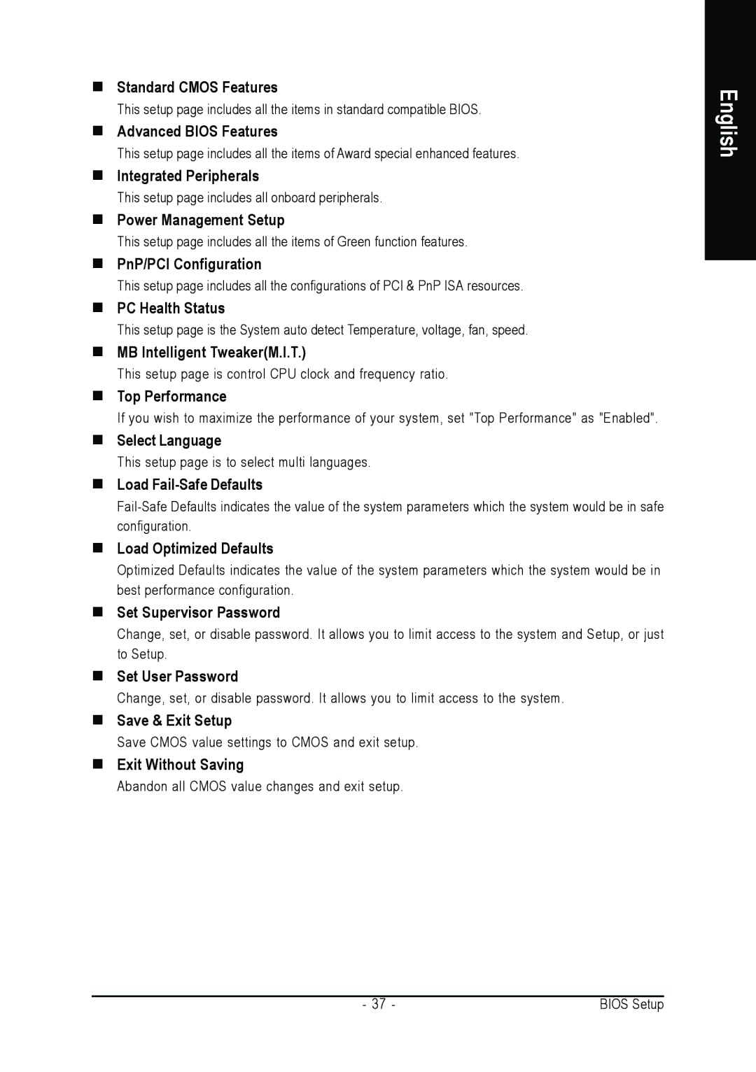 Intel GA-G1975X „ Standard Cmos Features, „ Advanced Bios Features, „ Integrated Peripherals, „ Power Management Setup 