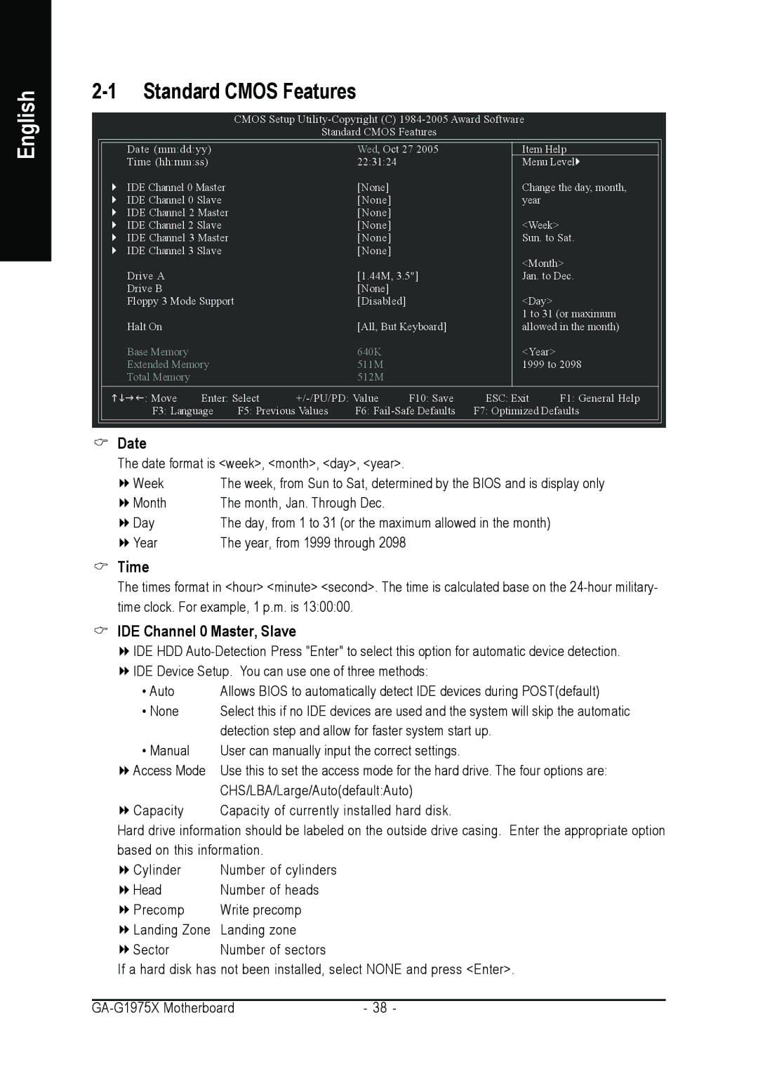 Intel GA-G1975X user manual Time, IDE Channel 0 Master, Slave 