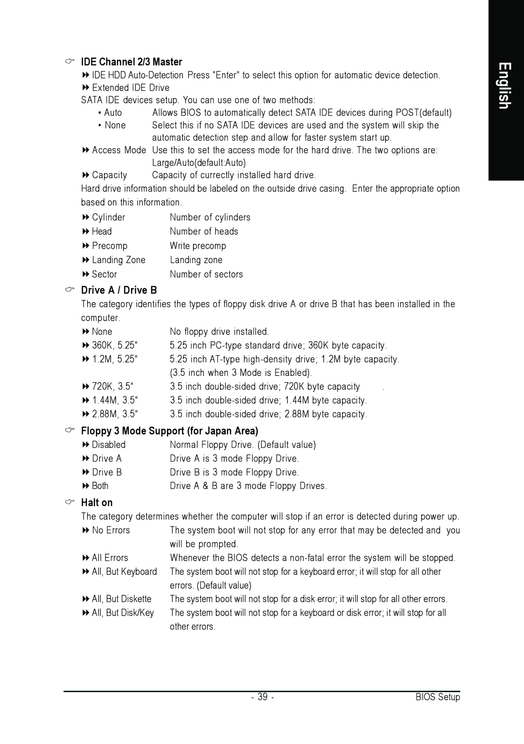 Intel GA-G1975X user manual IDE Channel 2/3 Master, Drive a / Drive B, Floppy 3 Mode Support for Japan Area, Halt on 