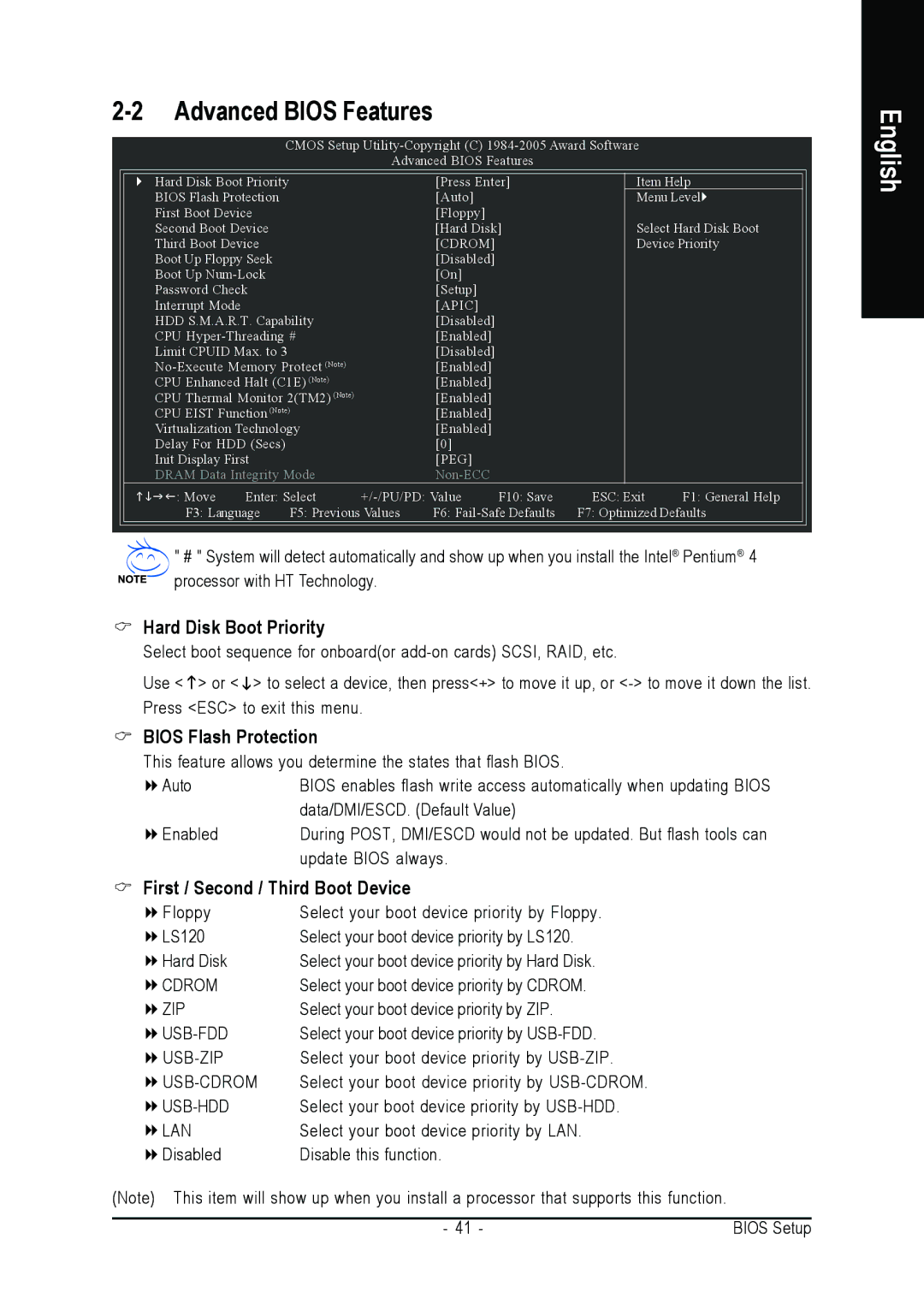 Intel GA-G1975X user manual Hard Disk Boot Priority, Bios Flash Protection, First / Second / Third Boot Device 