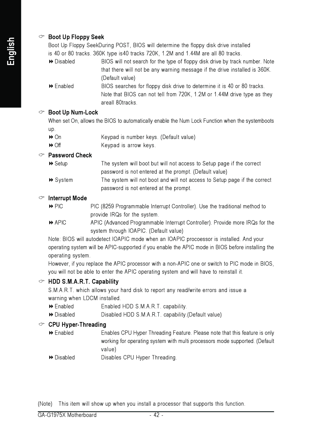 Intel GA-G1975X Boot Up Floppy Seek, Boot Up Num-Lock, Password Check, Interrupt Mode, HDD S.M.A.R.T. Capability 