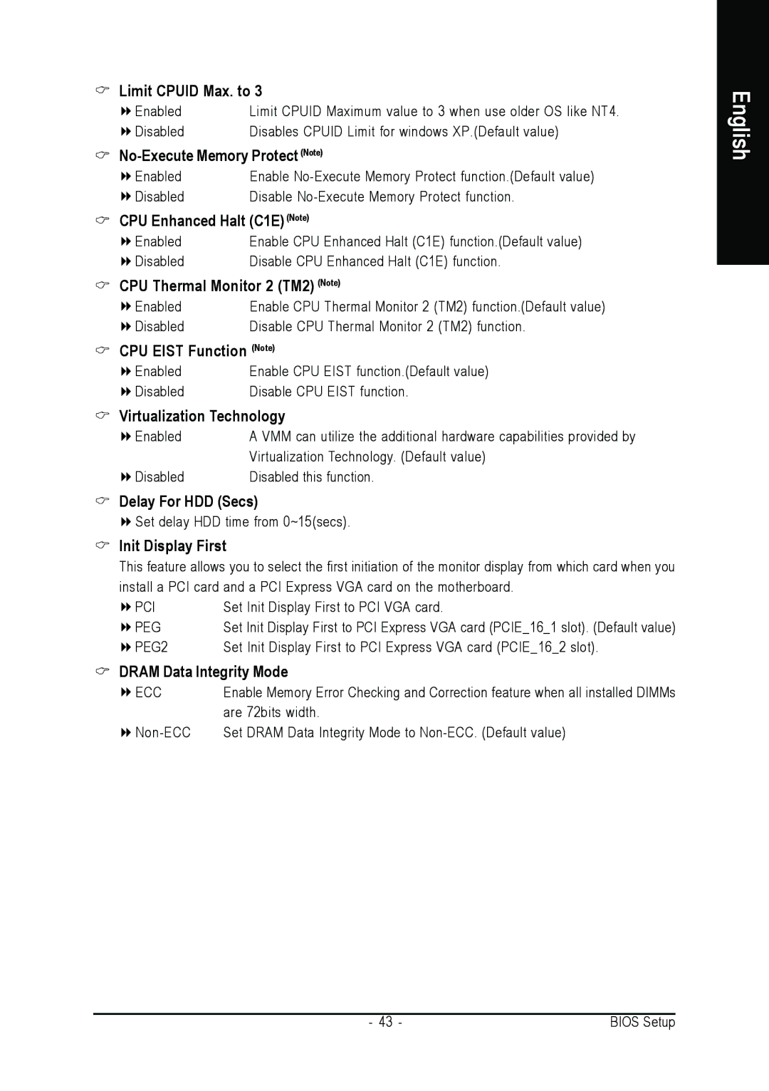 Intel GA-G1975X Limit Cpuid Max. to, No-Execute Memory Protect Note, CPU Enhanced Halt C1E Note, CPU Eist Function Note 