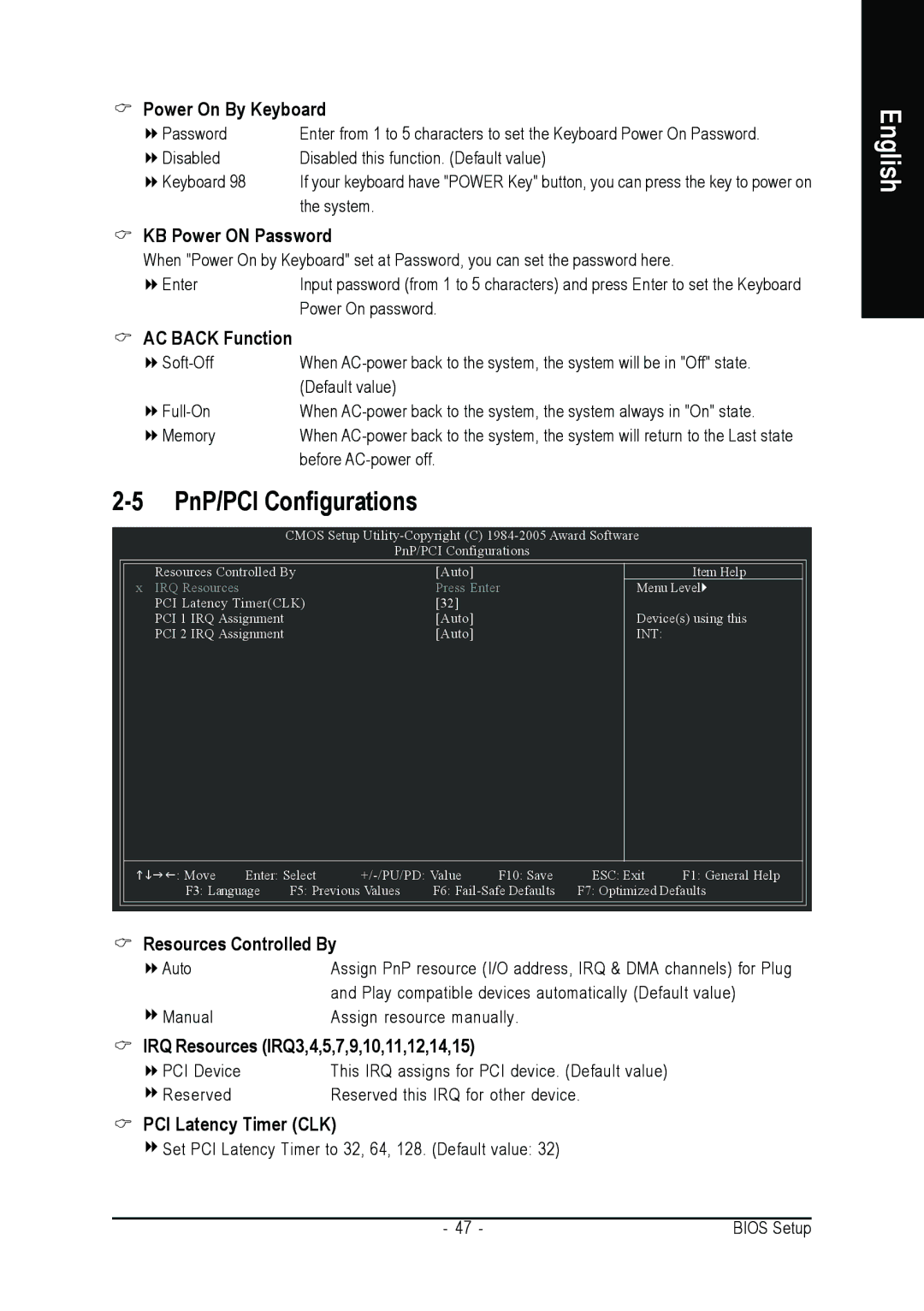 Intel GA-G1975X user manual Power On By Keyboard, KB Power on Password, AC Back Function, PCI Latency Timer CLK 