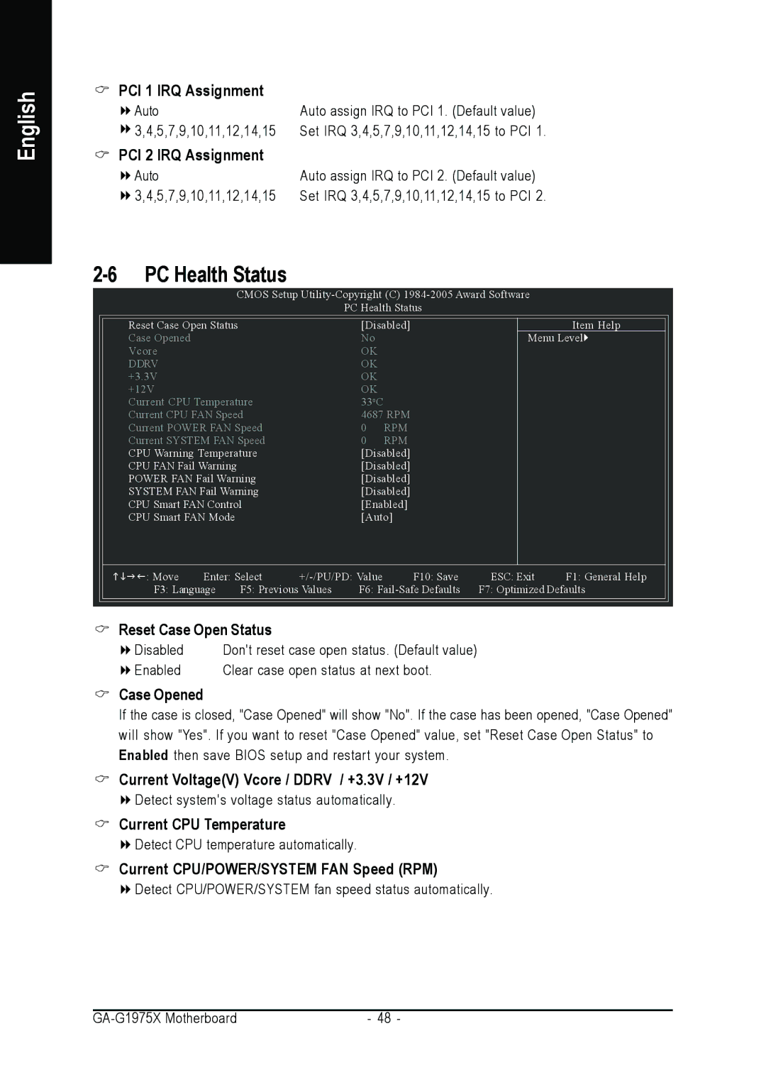 Intel GA-G1975X user manual PCI 1 IRQ Assignment, PCI 2 IRQ Assignment, Current VoltageV Vcore / Ddrv / +3.3V / +12V 