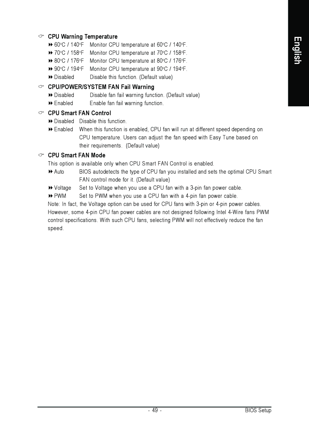 Intel GA-G1975X CPU Warning Temperature, CPU/POWER/SYSTEM FAN Fail Warning, CPU Smart FAN Control, CPU Smart FAN Mode 