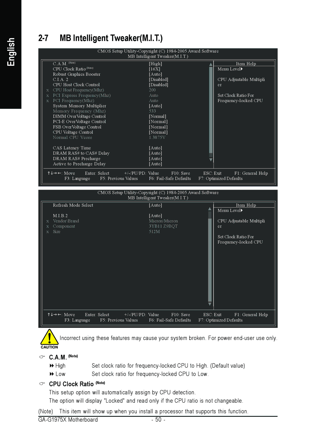 Intel GA-G1975X user manual MB Intelligent TweakerM.I.T, M. Note, CPU Clock Ratio Note 