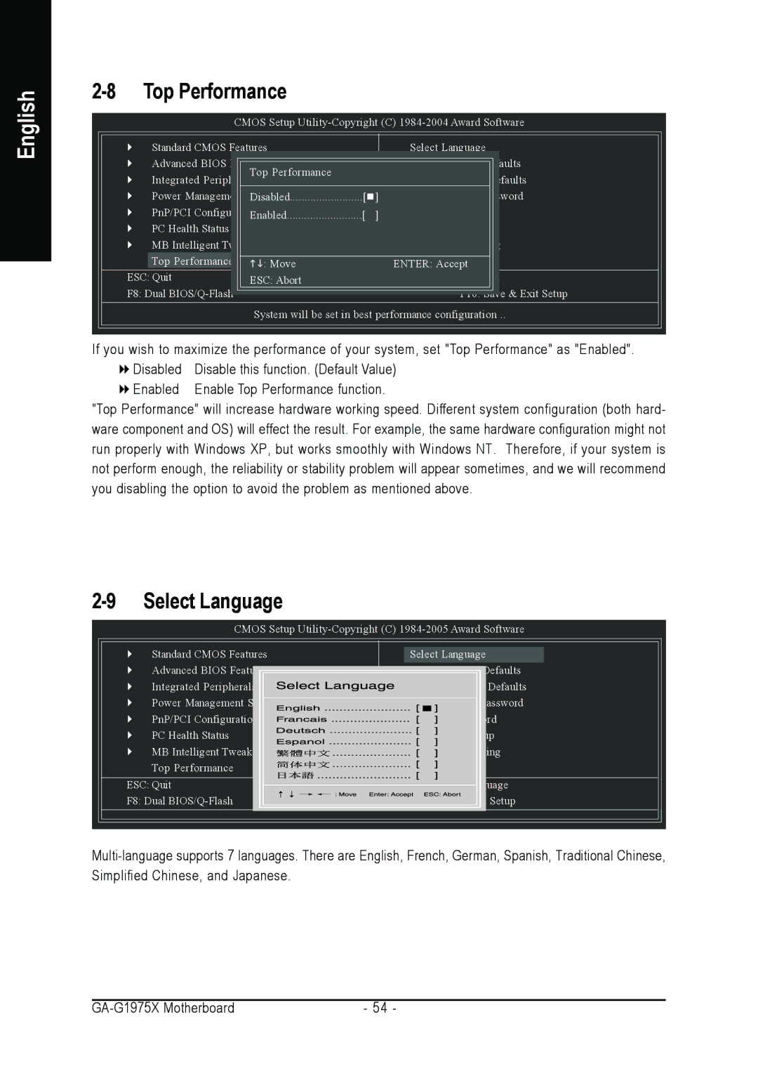 Intel GA-G1975X user manual Top Performance, Select Language 