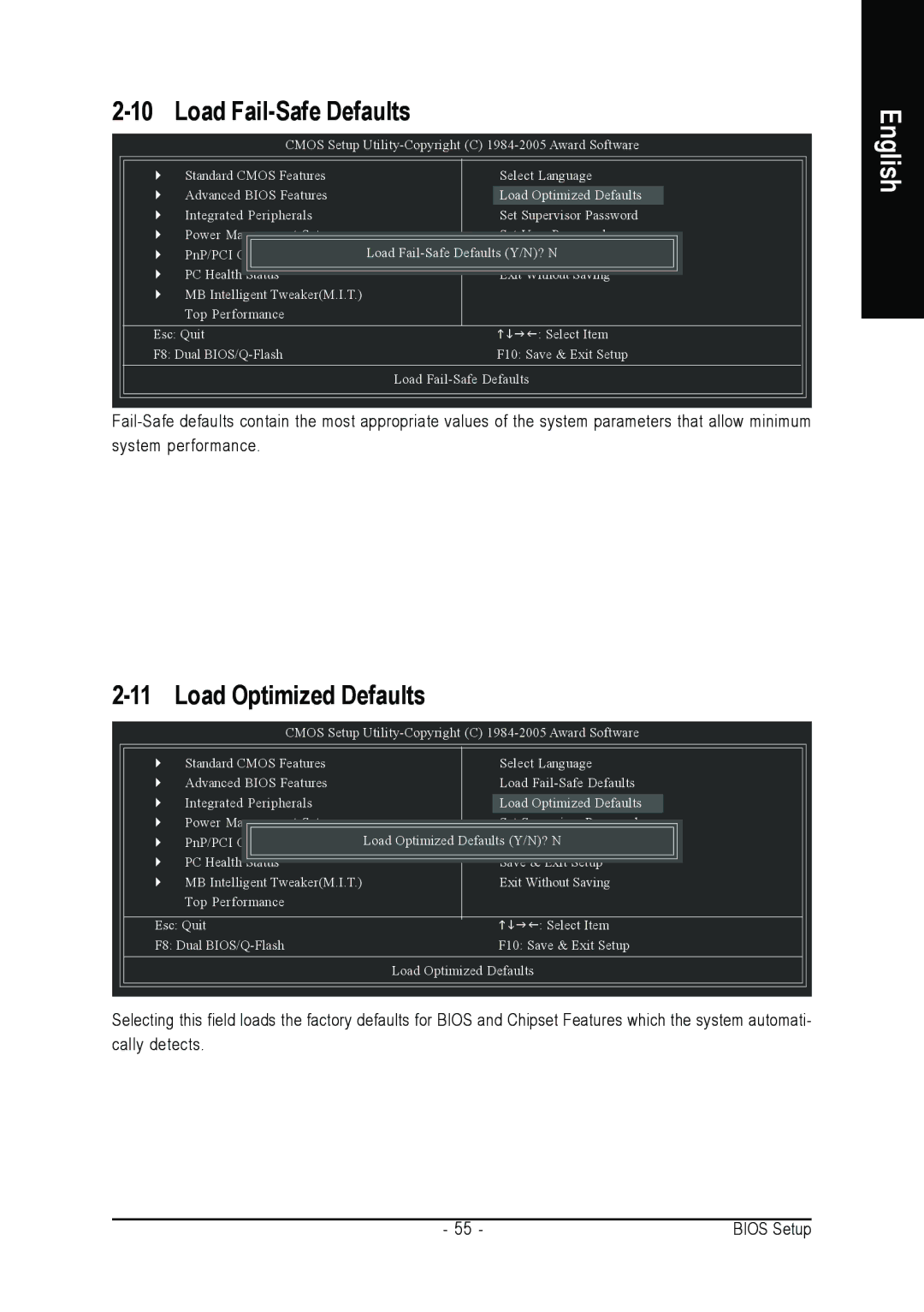 Intel GA-G1975X user manual Load Fail-Safe Defaults, Load Optimized Defaults 