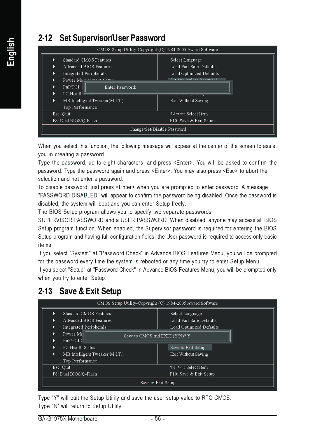 Intel GA-G1975X user manual Set Supervisor/User Password, Save & Exit Setup 