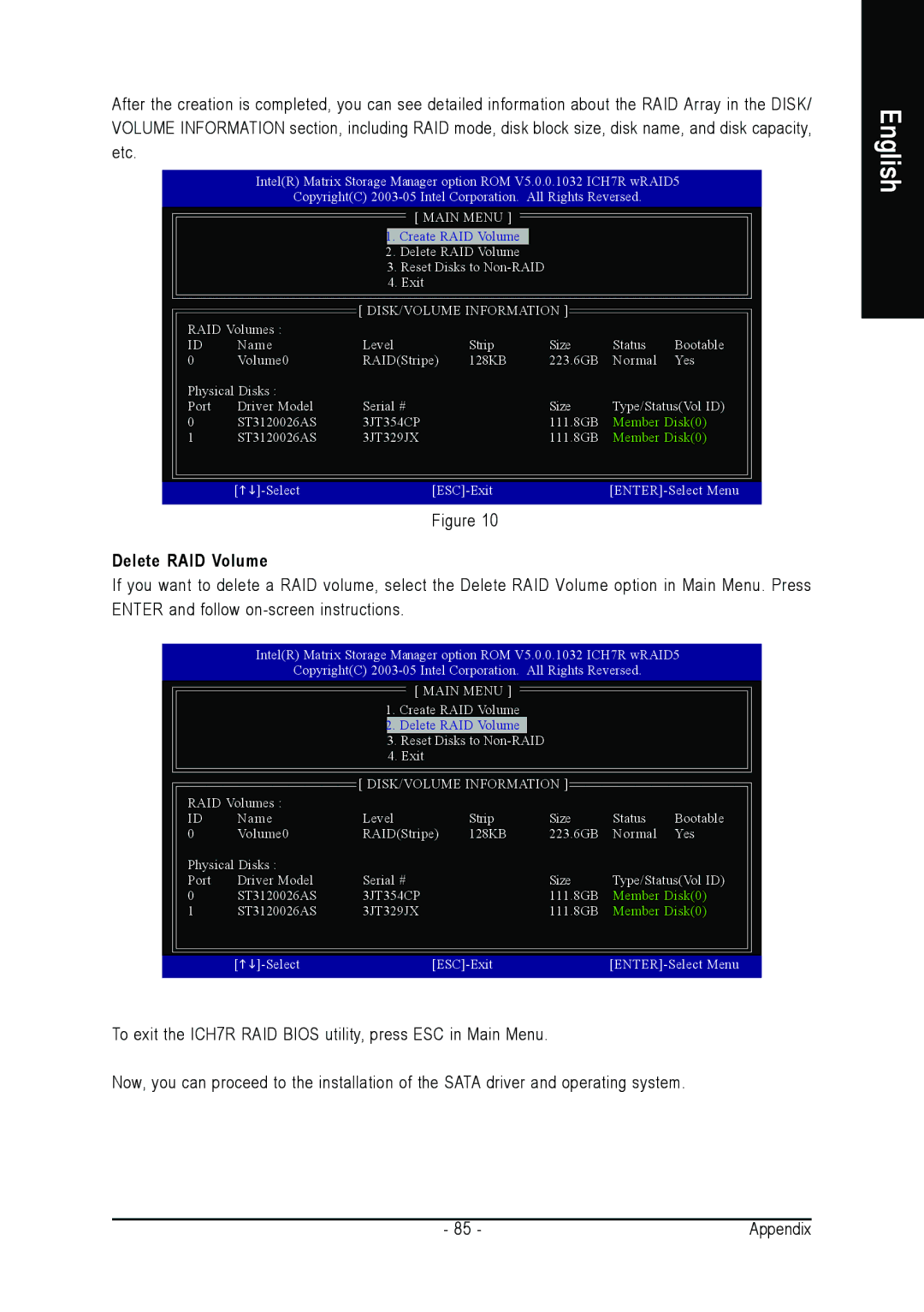 Intel GA-G1975X user manual Delete RAID Volume 